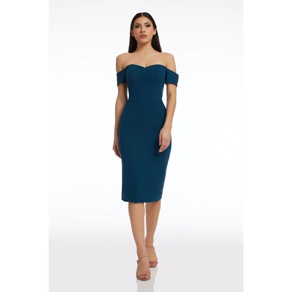 DRESS THE POPULATION Bailey Off the Shoulder Body-Con Dress in Peacock Blue - Picture 1 of 11